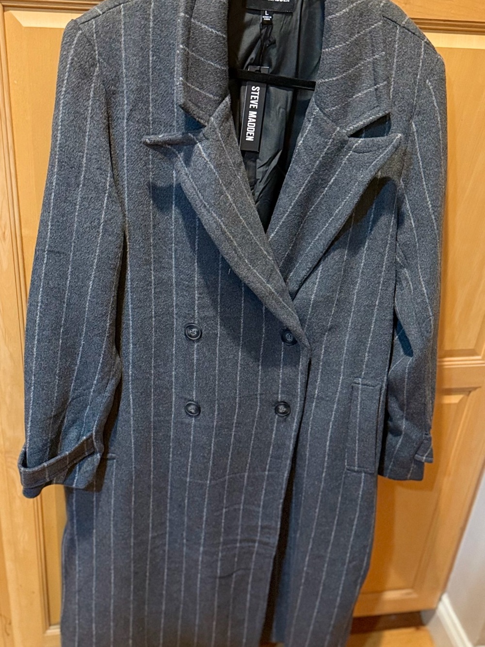 NWT Steve Madden Women's Charcoal Gray Pinstripe Double-Breasted Trench Coat